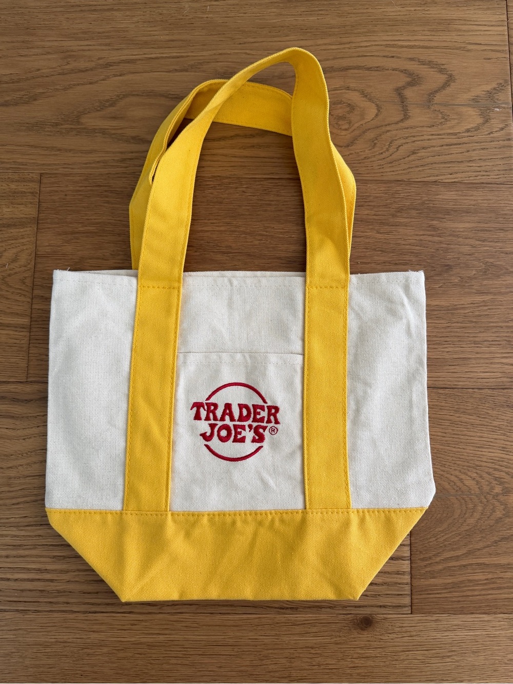 Trader Joe’s mini Canvas Tote Bag in yellow &Cream never used but tags are off
